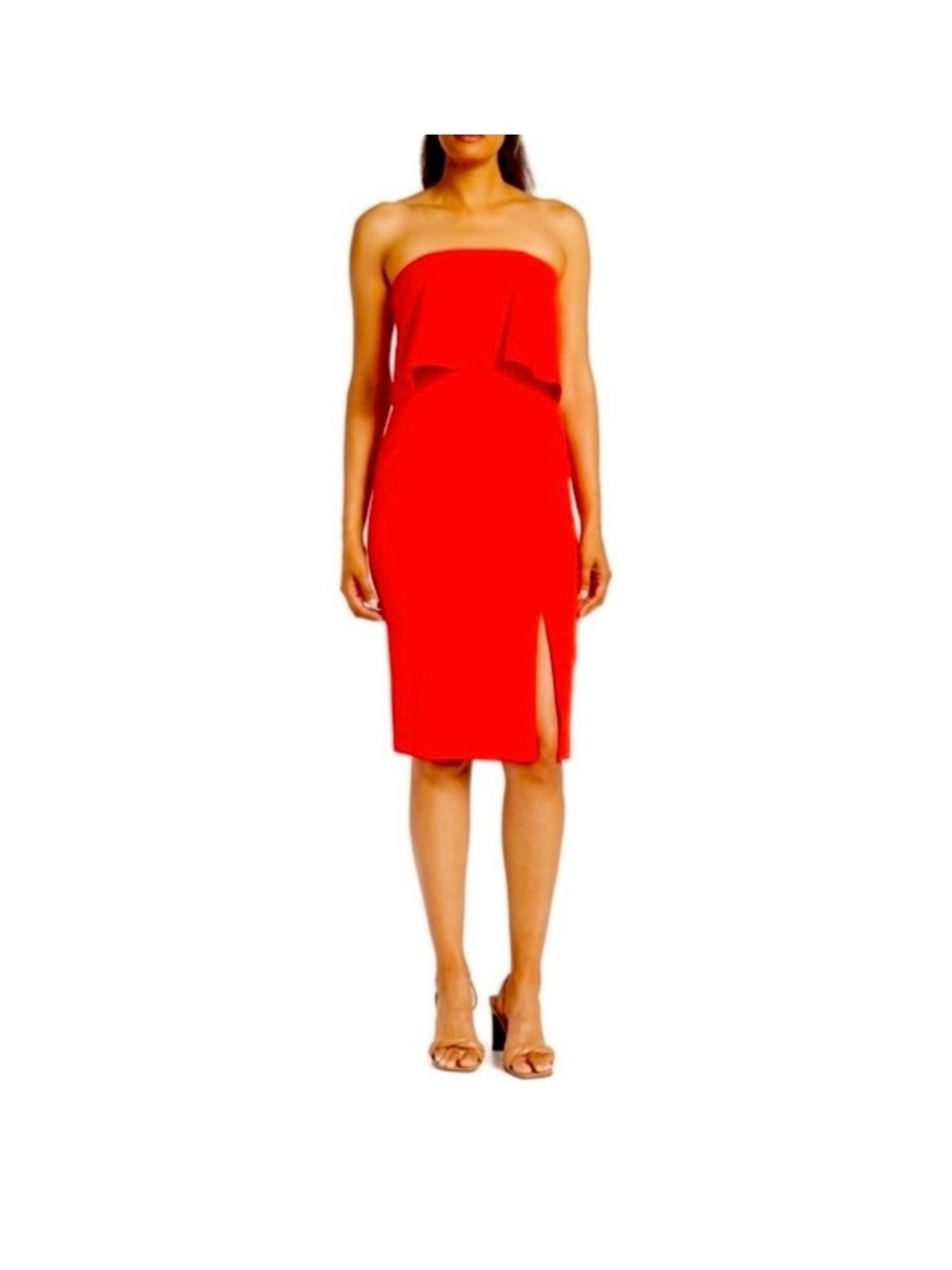 Donna Morgan Strapless Red Midi Dress with Side Slit